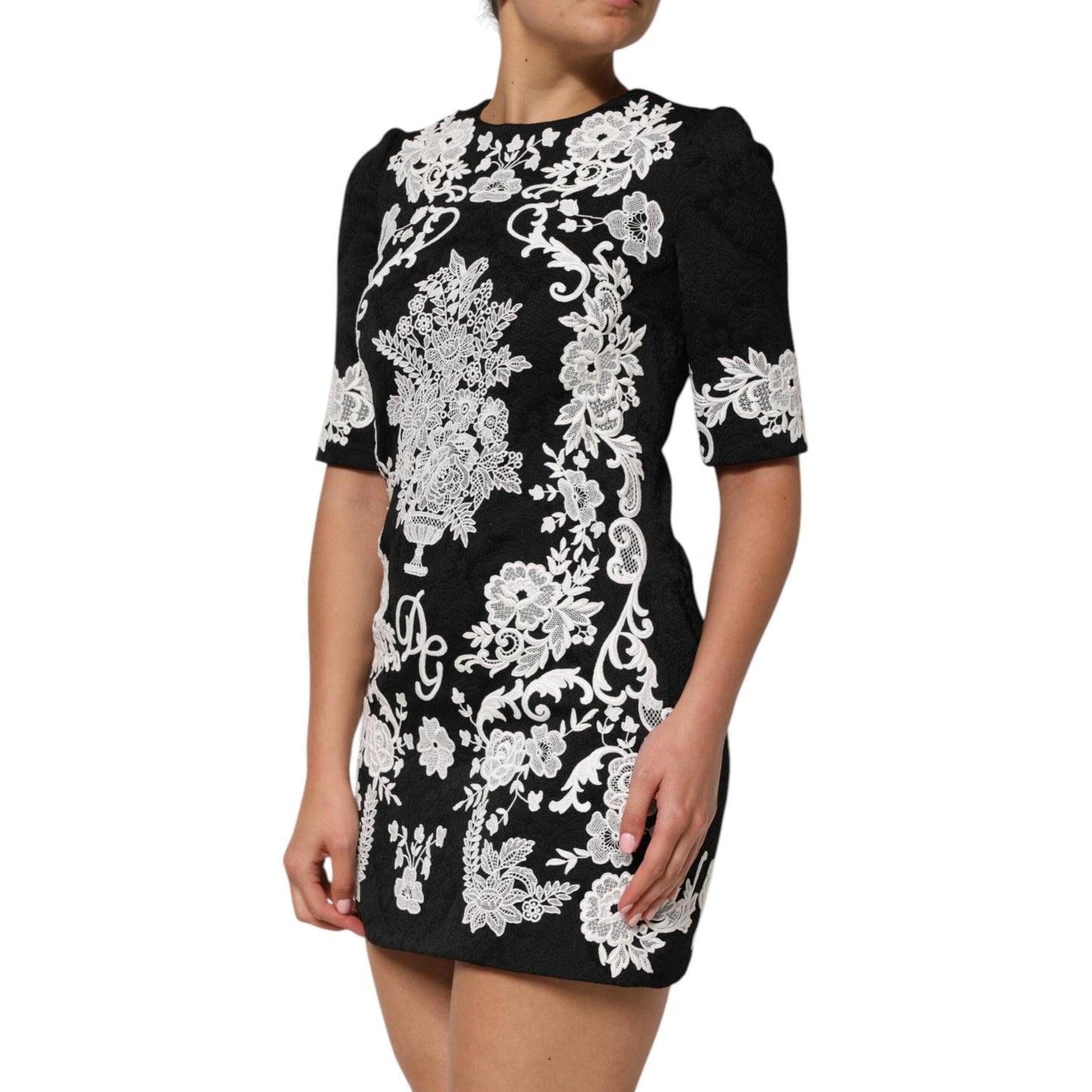 Dolce & Gabbana Black Lace Trim Short Sleeves A-line Dress