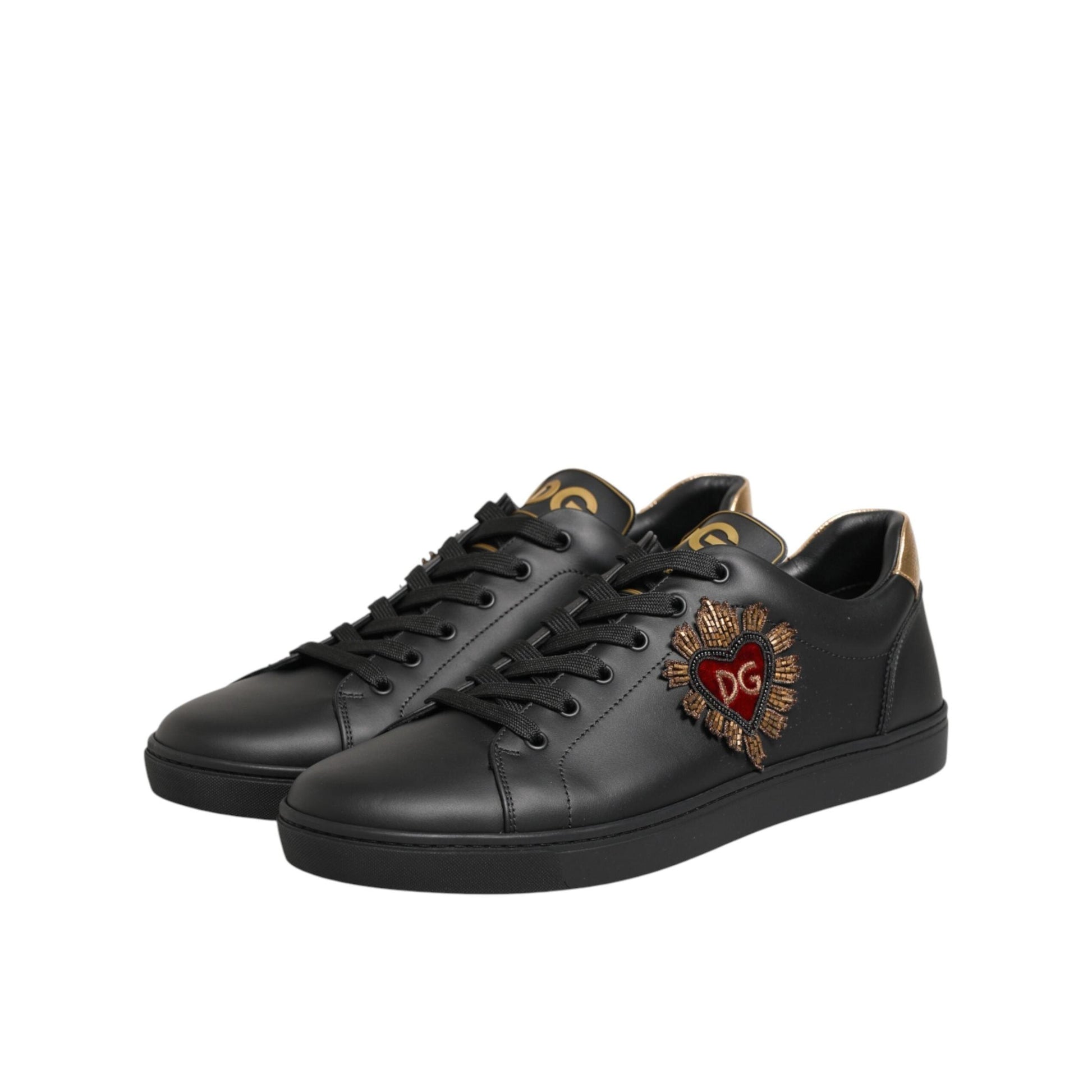 Dolce & Gabbana Black Leather Heart Embellished Sneakers Shoes