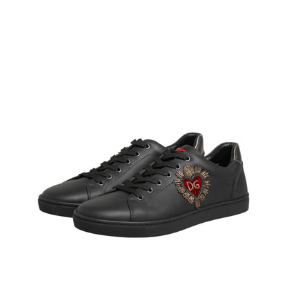 Dolce & Gabbana Black Leather Heart Embellished Sneakers Shoes