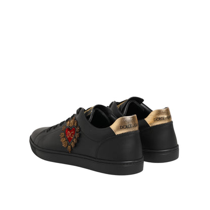 Dolce & Gabbana Black Leather Heart Embellished Sneakers Shoes