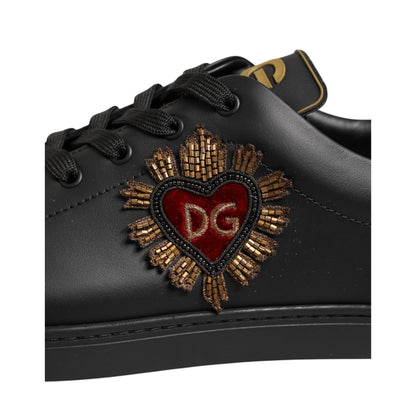 Dolce & Gabbana Black Leather Heart Embellished Sneakers Shoes