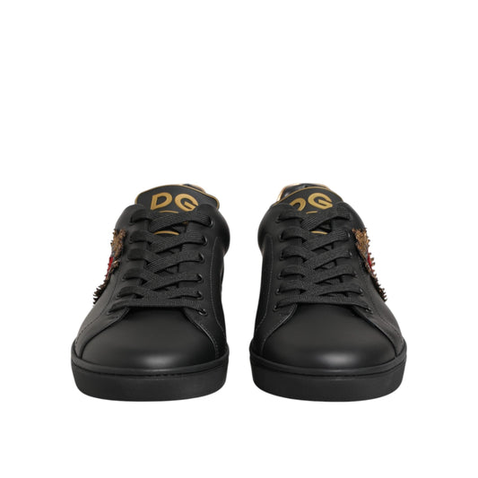 Dolce & Gabbana Black Leather Heart Embellished Sneakers Shoes