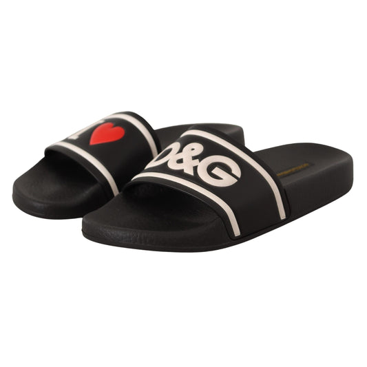 Dolce & Gabbana Black Leather I Love D&G Slides Sandals