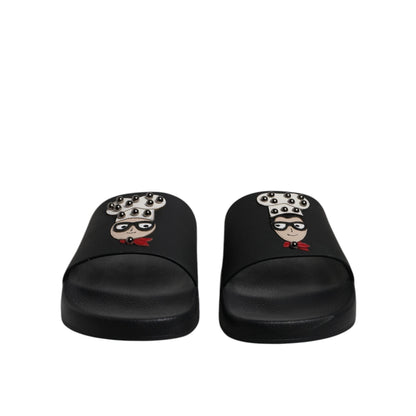 Dolce & Gabbana Black Leather Slides Sandals Beachwear Shoes