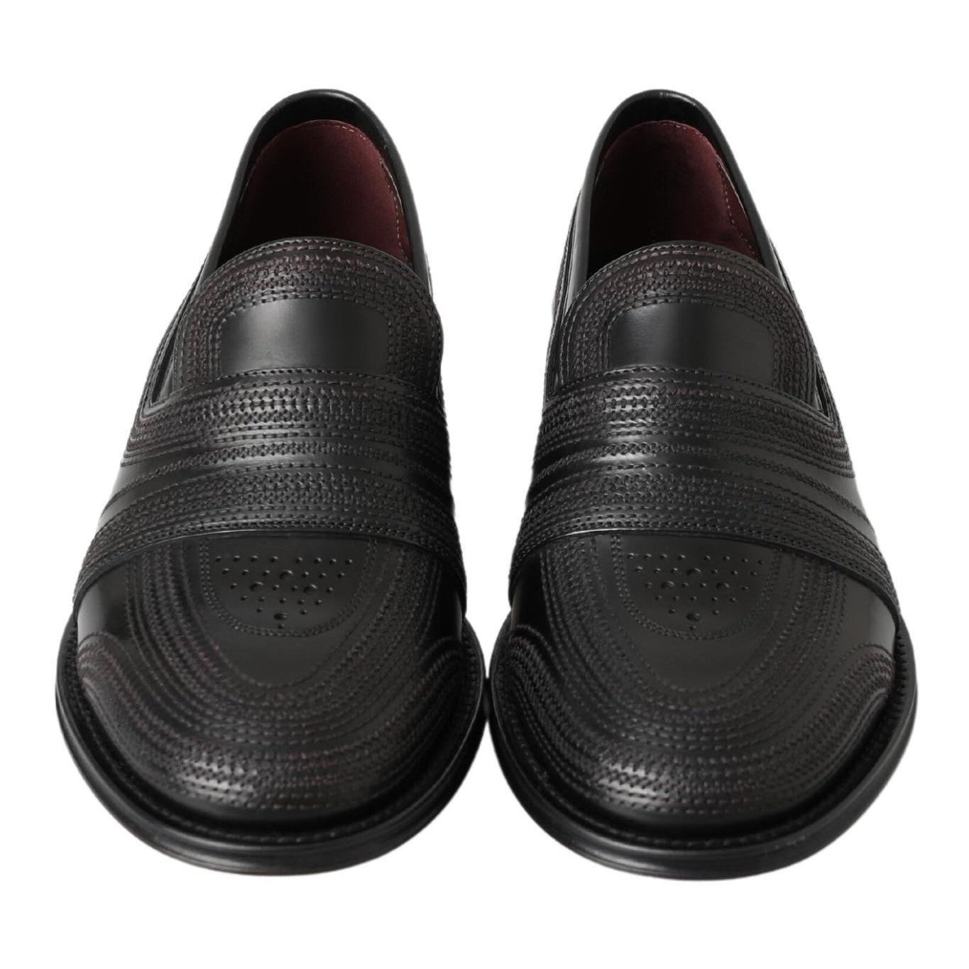 Dolce & Gabbana Black Leather Slipper Loafers Stitched Shoes
