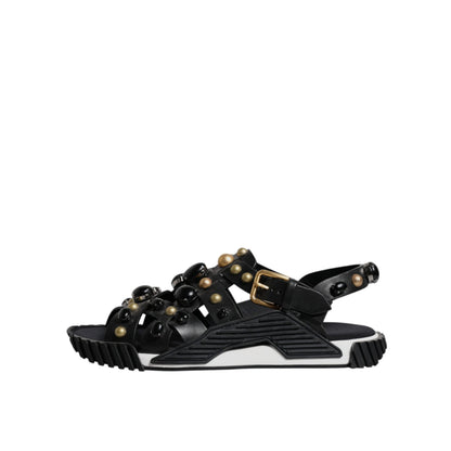 Dolce & Gabbana Black Leather Studded Slides Sandals Shoes
