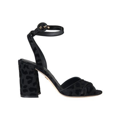 Dolce & Gabbana Black Leopard Suede Heels Sandals Shoes