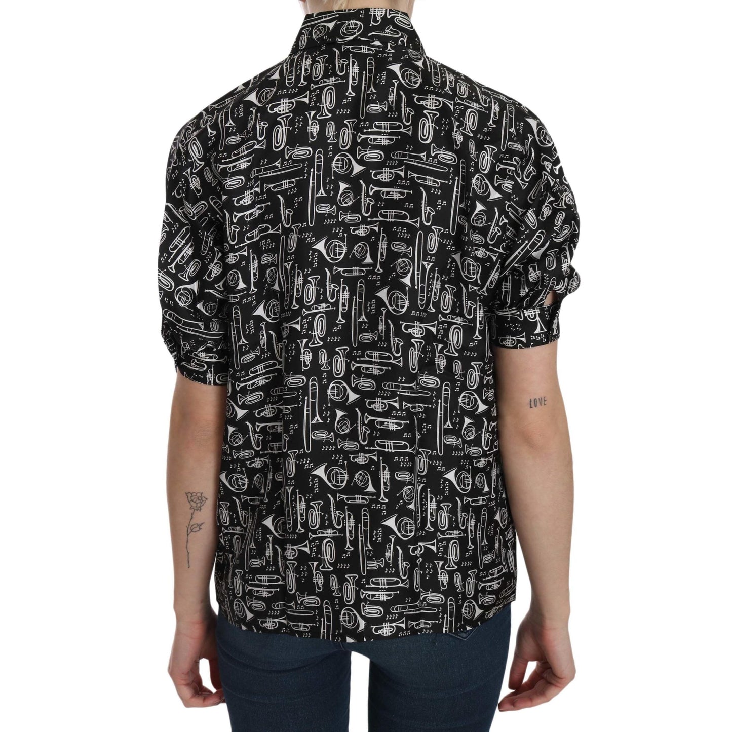 Dolce & Gabbana Black Musical Instrument Collared Blouse Shirt