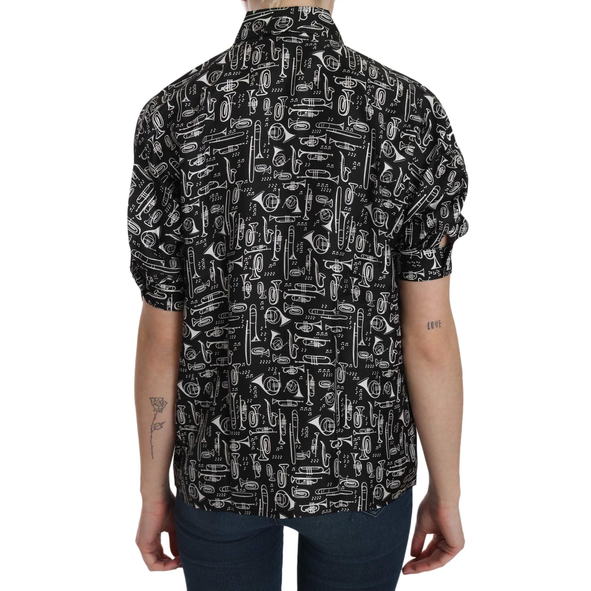 Dolce & Gabbana Black Musical Instrument Collared Blouse Shirt