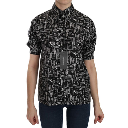 Dolce & Gabbana Black Musical Instrument Collared Blouse Shirt