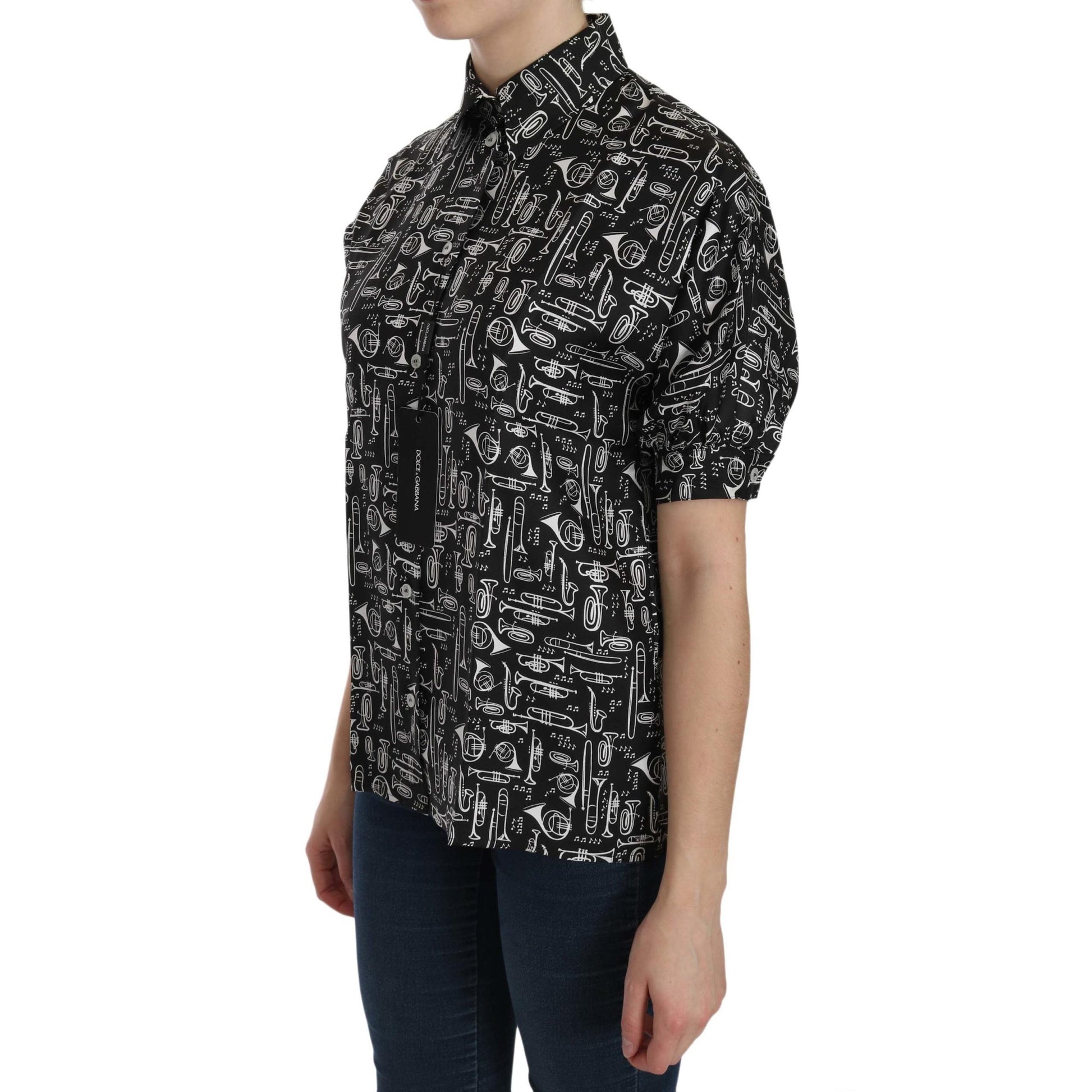 Dolce & Gabbana Black Musical Instrument Collared Blouse Shirt