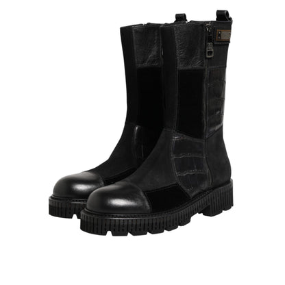 Dolce & Gabbana Black Patchwork Leather Mid Calf Boot Shoes