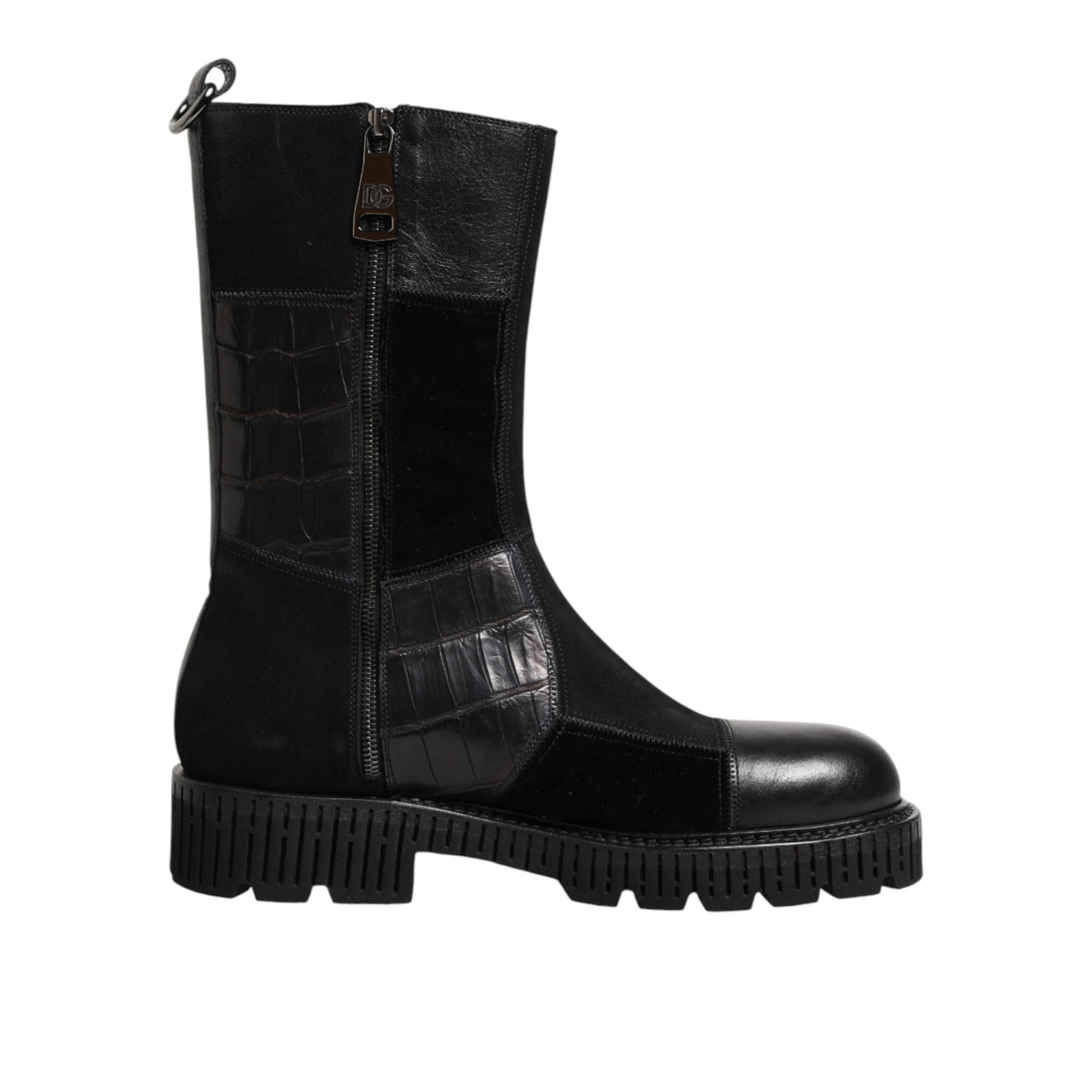 Dolce & Gabbana Black Patchwork Leather Mid Calf Boot Shoes
