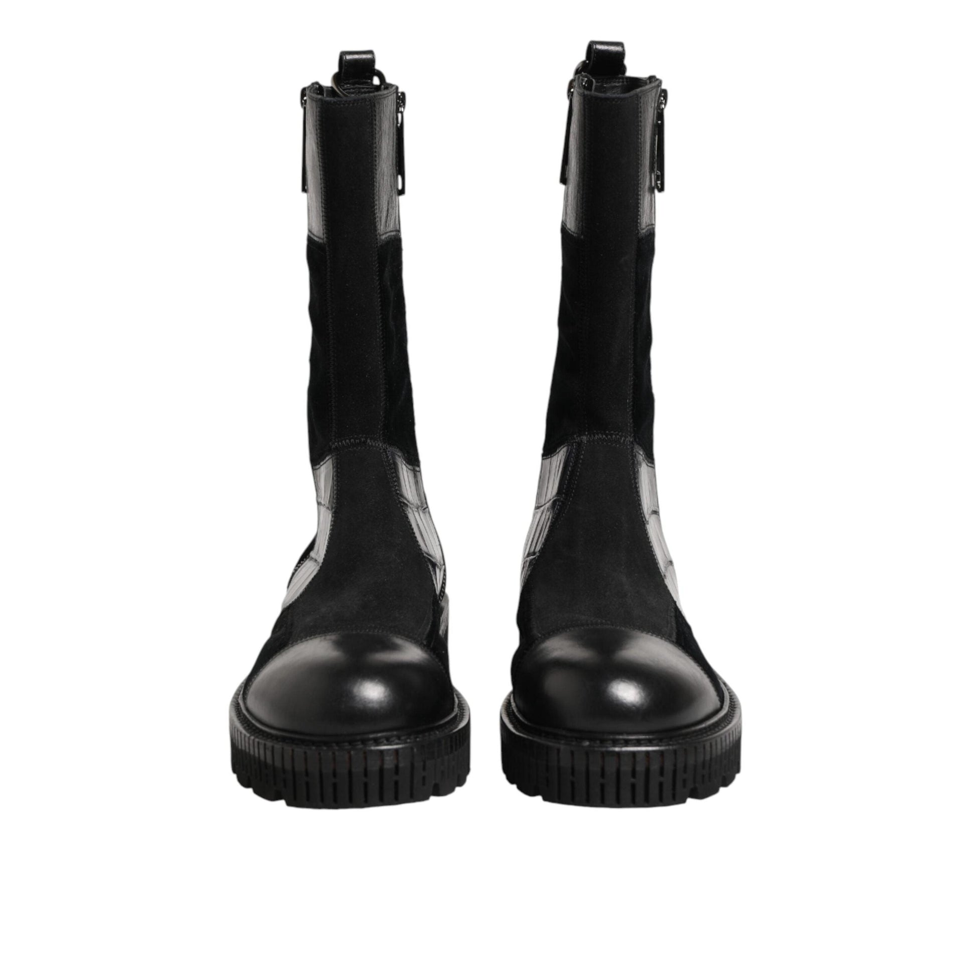 Dolce & Gabbana Black Patchwork Leather Mid Calf Boot Shoes