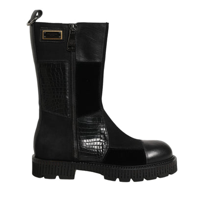 Dolce & Gabbana Black Patchwork Leather Mid Calf Boots Shoes