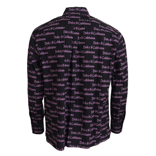 Dolce & Gabbana Black Purple Logo Slim Dress Formal Shirt