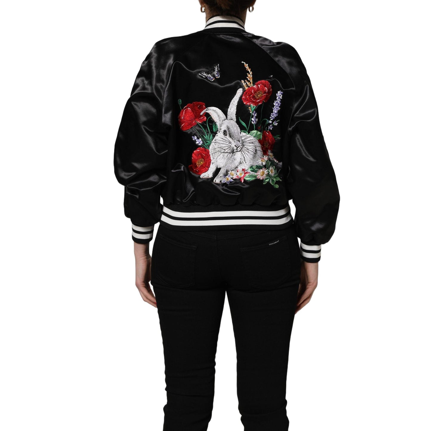 Dolce & Gabbana Black Satin Floral Embroidery Bomber Jacket