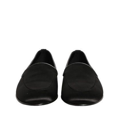 Dolce & Gabbana Black Satin Logo Slip On Flats Loafers Shoes