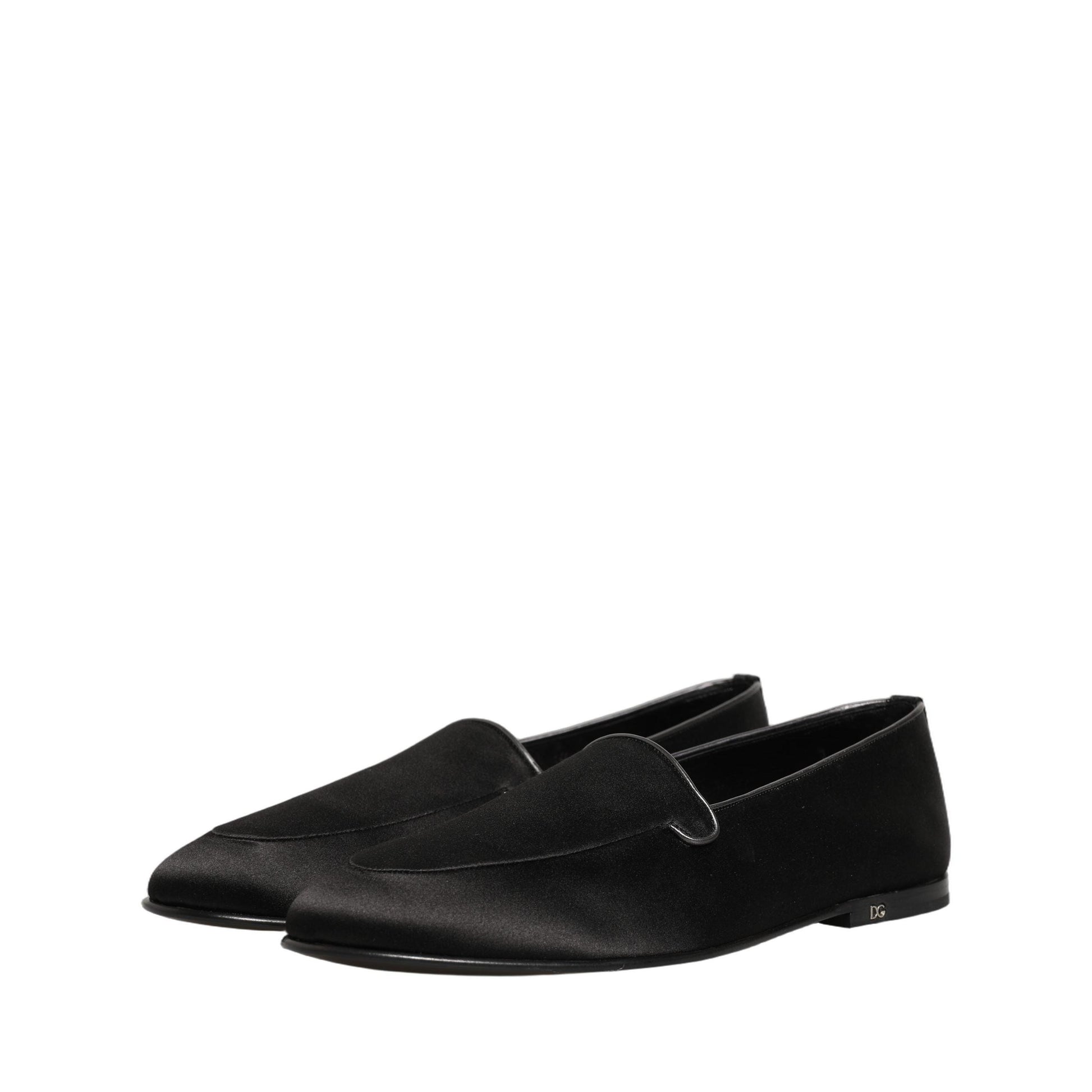 Dolce & Gabbana Black Satin Logo Slip On Flats Loafers Shoes