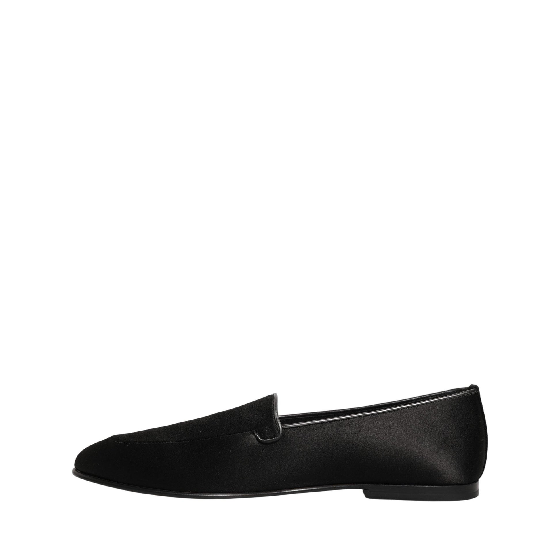 Dolce & Gabbana Black Satin Logo Slip On Flats Loafers Shoes