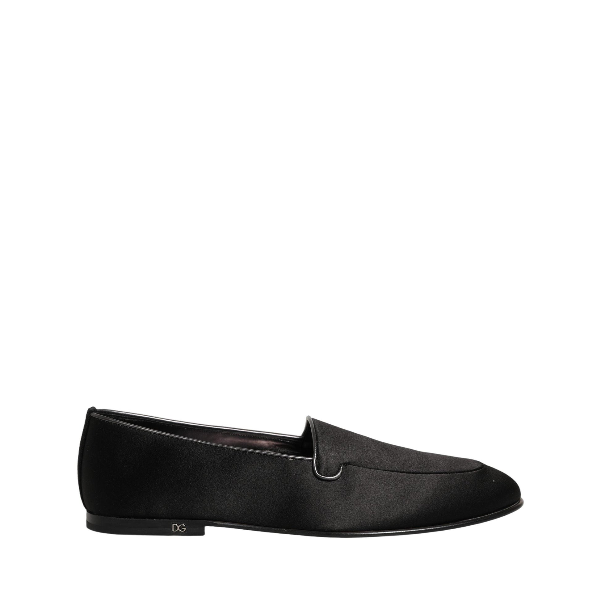 Dolce & Gabbana Black Satin Logo Slip On Flats Loafers Shoes