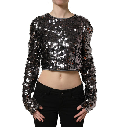 Dolce & Gabbana Black Sequined Long Sleeves Crop Blouse Top