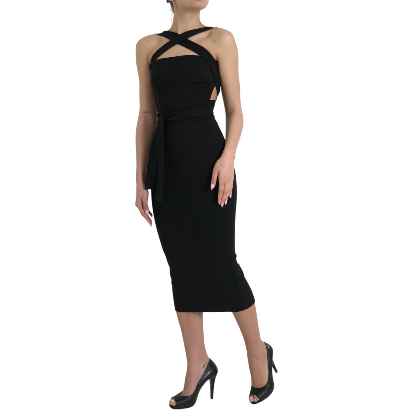 Dolce & Gabbana Black Sheath Halter Sleeveless Midi Dress