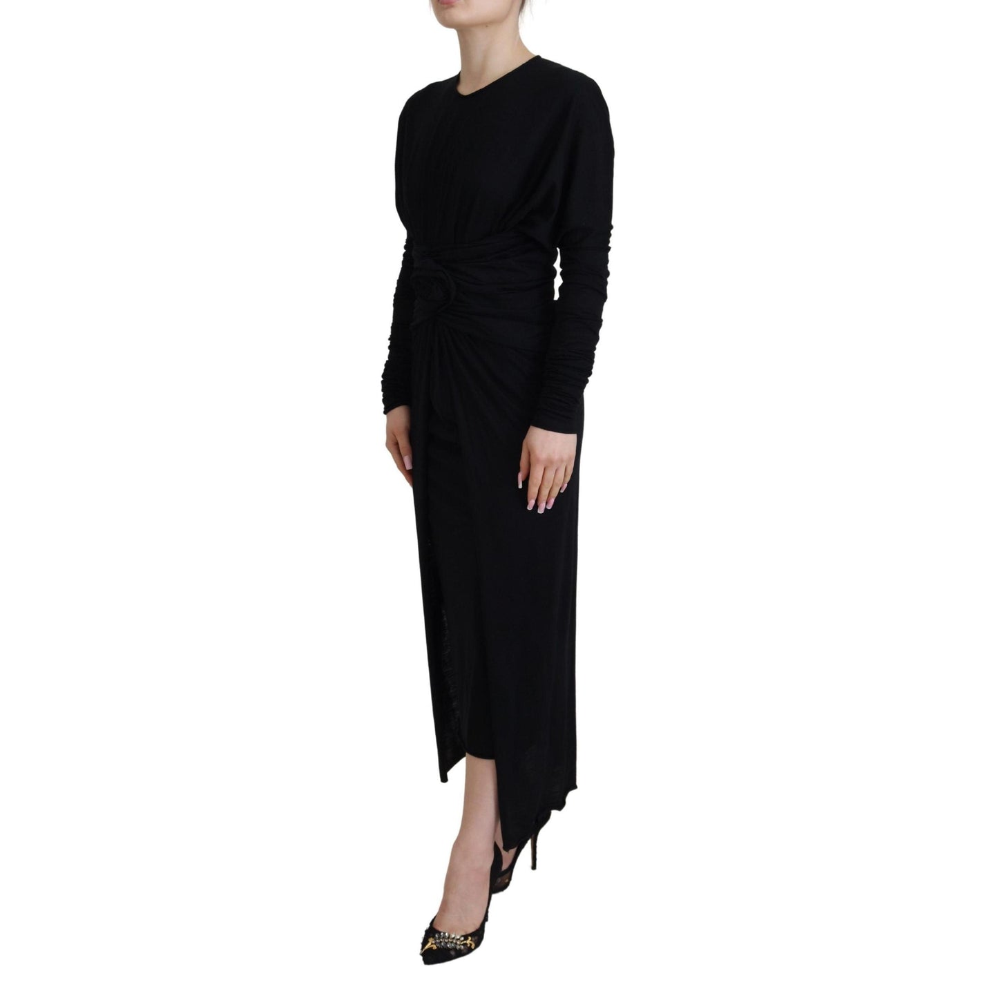 Dolce & Gabbana Black Sheath Midi Gown Wool Wrap Dress