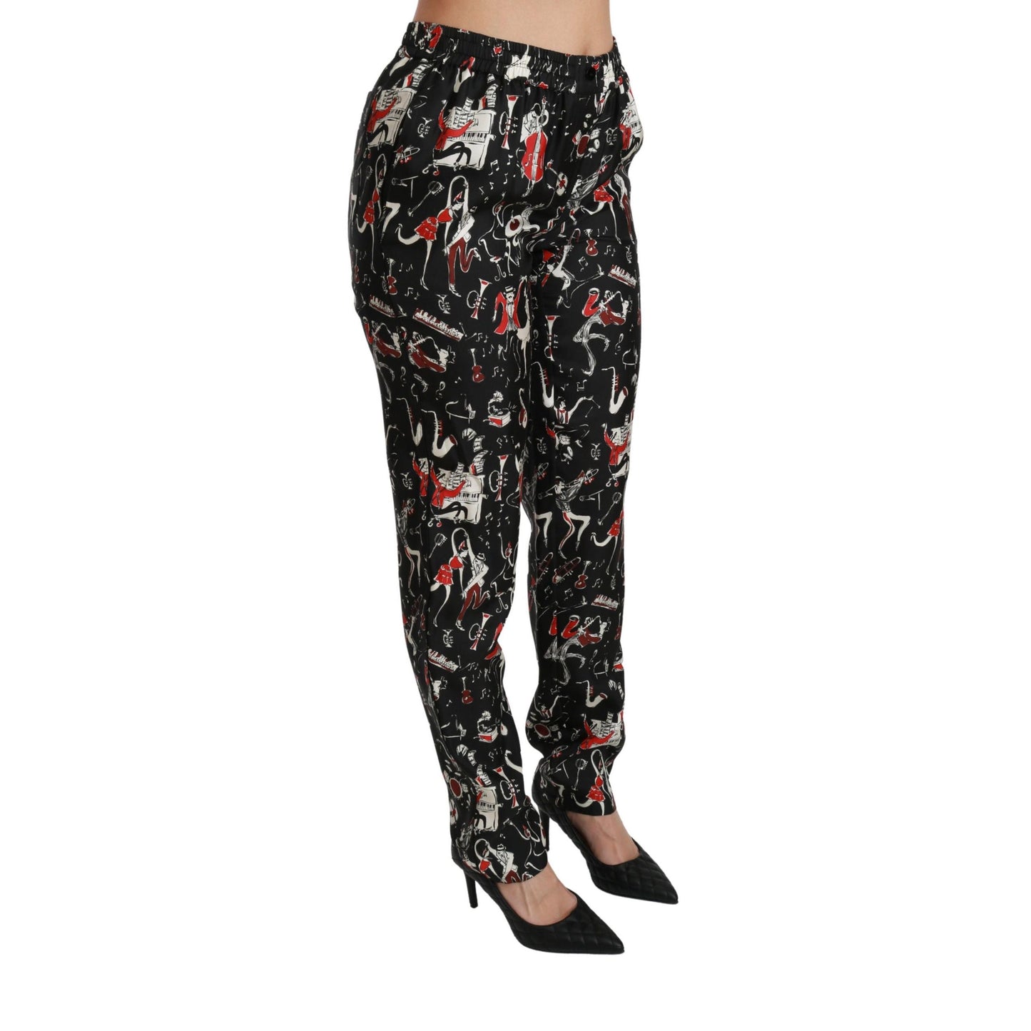 Dolce & Gabbana Black Silk Instrument Mid Waist Pants