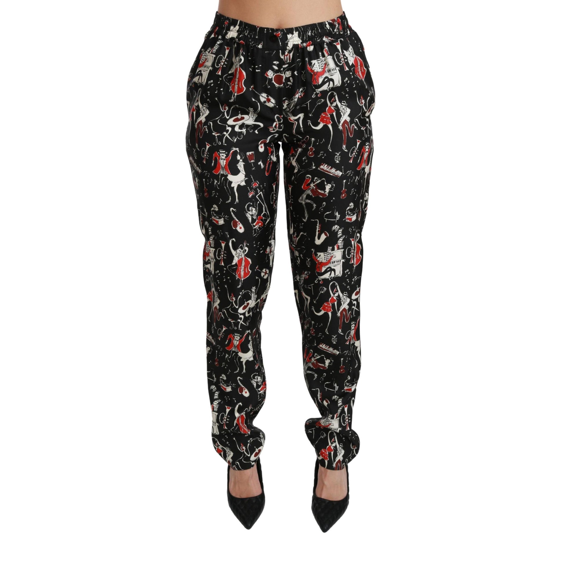 Dolce & Gabbana Black Silk Instrument Mid Waist Pants