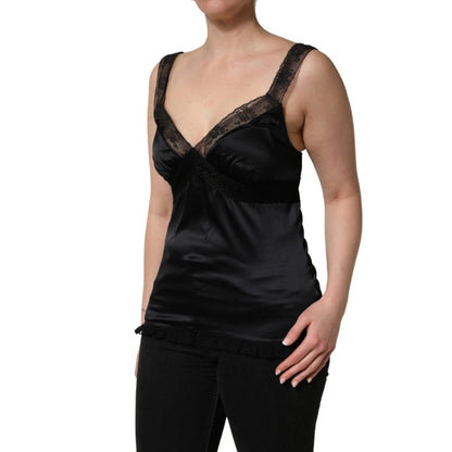 Dolce & Gabbana Black Silk Lace Trim Camisole V-neckline Tank Top