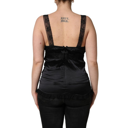 Dolce & Gabbana Black Silk Lace Trim Camisole V-neckline Tank Top