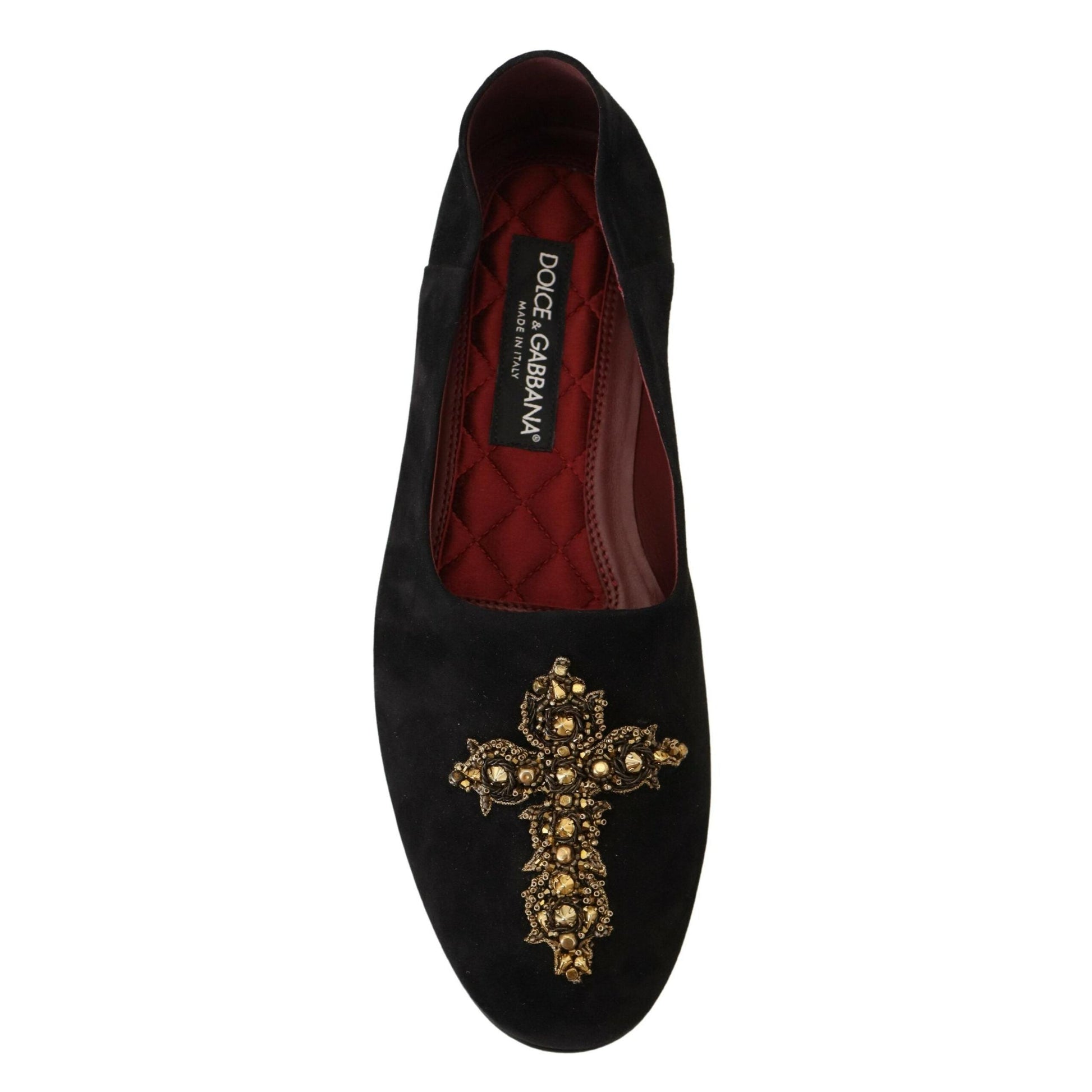Dolce & Gabbana Black Suede Gold Cross Slip On Loafers Shoes