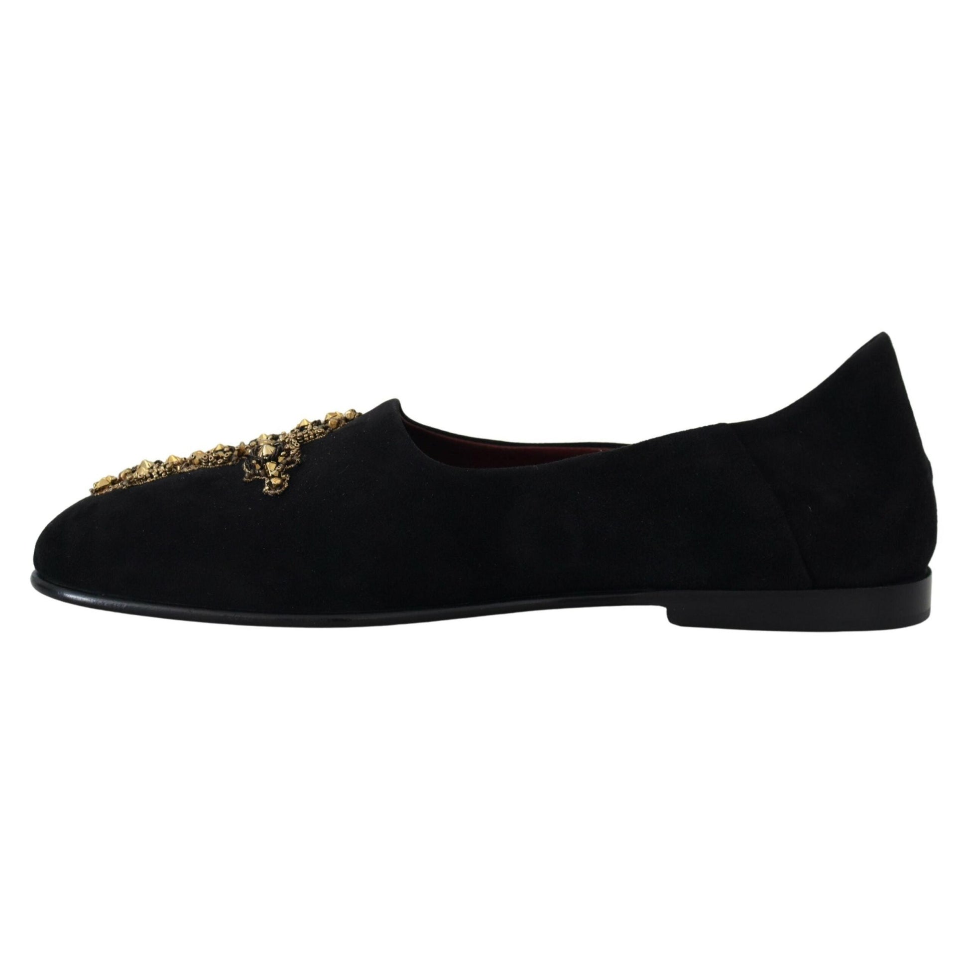 Dolce & Gabbana Black Suede Gold Cross Slip On Loafers Shoes