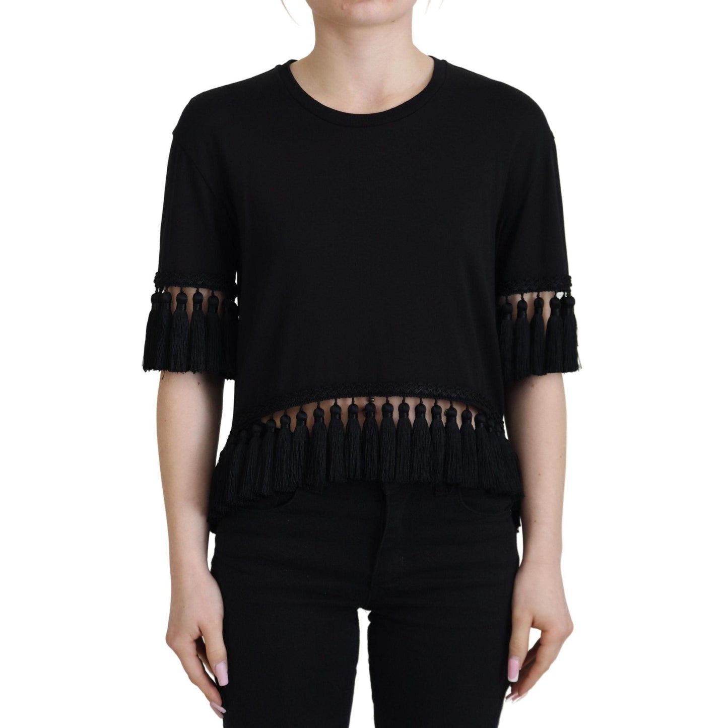 Dolce & Gabbana Black T-shirt Blouse Tassle Cotton Blouse