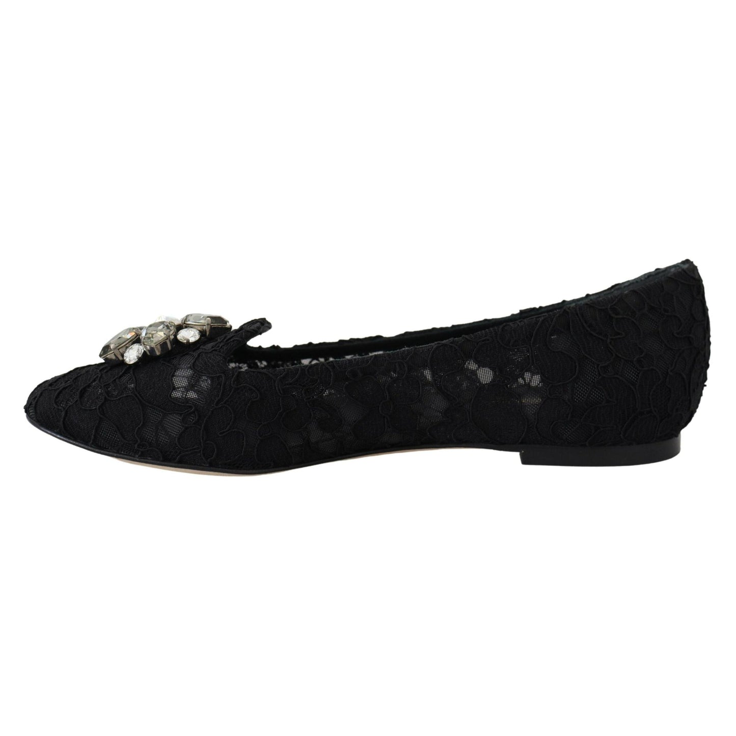 Dolce & Gabbana Black Taormina Lace Crystals Flats Shoes
