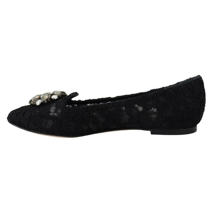 Dolce & Gabbana Black Taormina Lace Crystals Flats Shoes