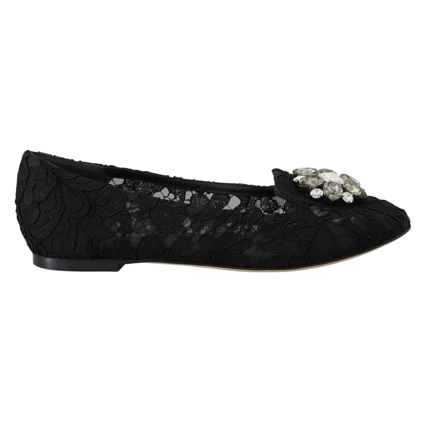 Dolce & Gabbana Black Taormina Lace Crystals Flats Shoes