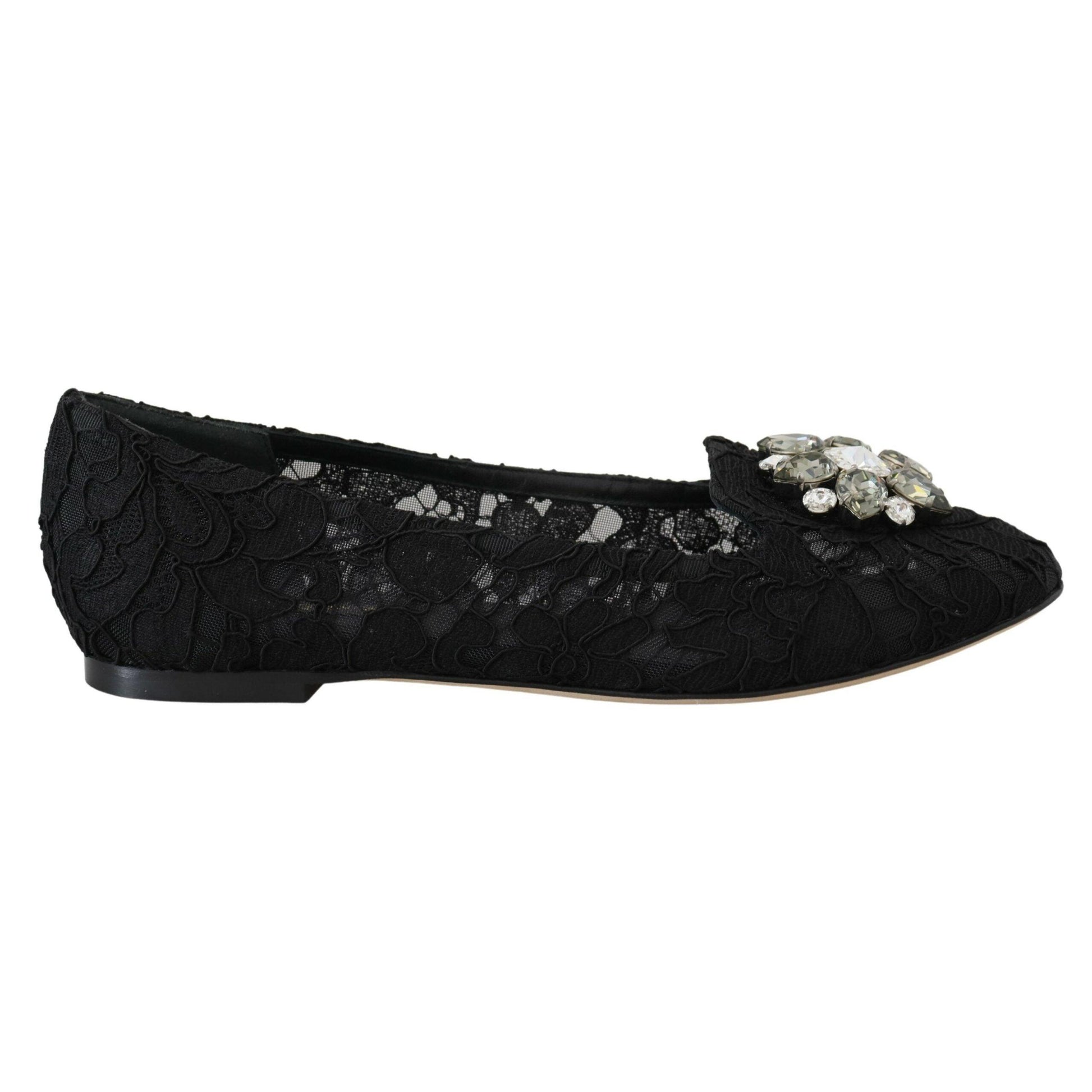 Dolce & Gabbana Black Taormina Lace Crystals Flats Shoes