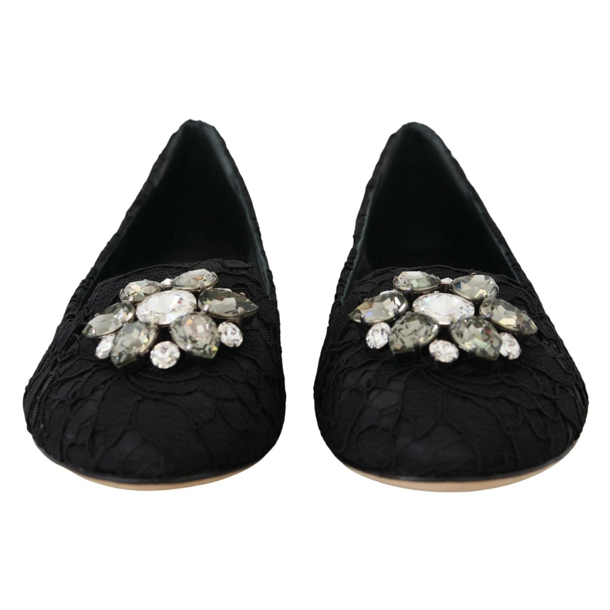 Dolce & Gabbana Black Taormina Lace Crystals Flats Shoes