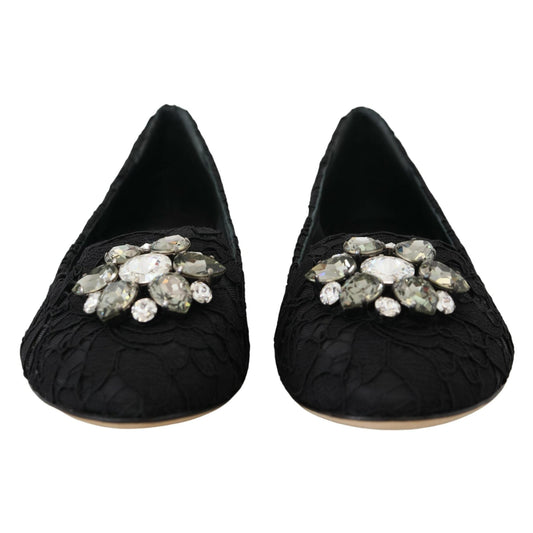 Dolce & Gabbana Black Taormina Lace Crystals Flats Shoes