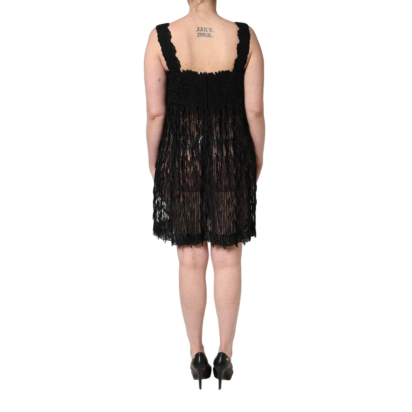 Dolce & Gabbana Black Viscose Fringed Sleeveless Mini Dress