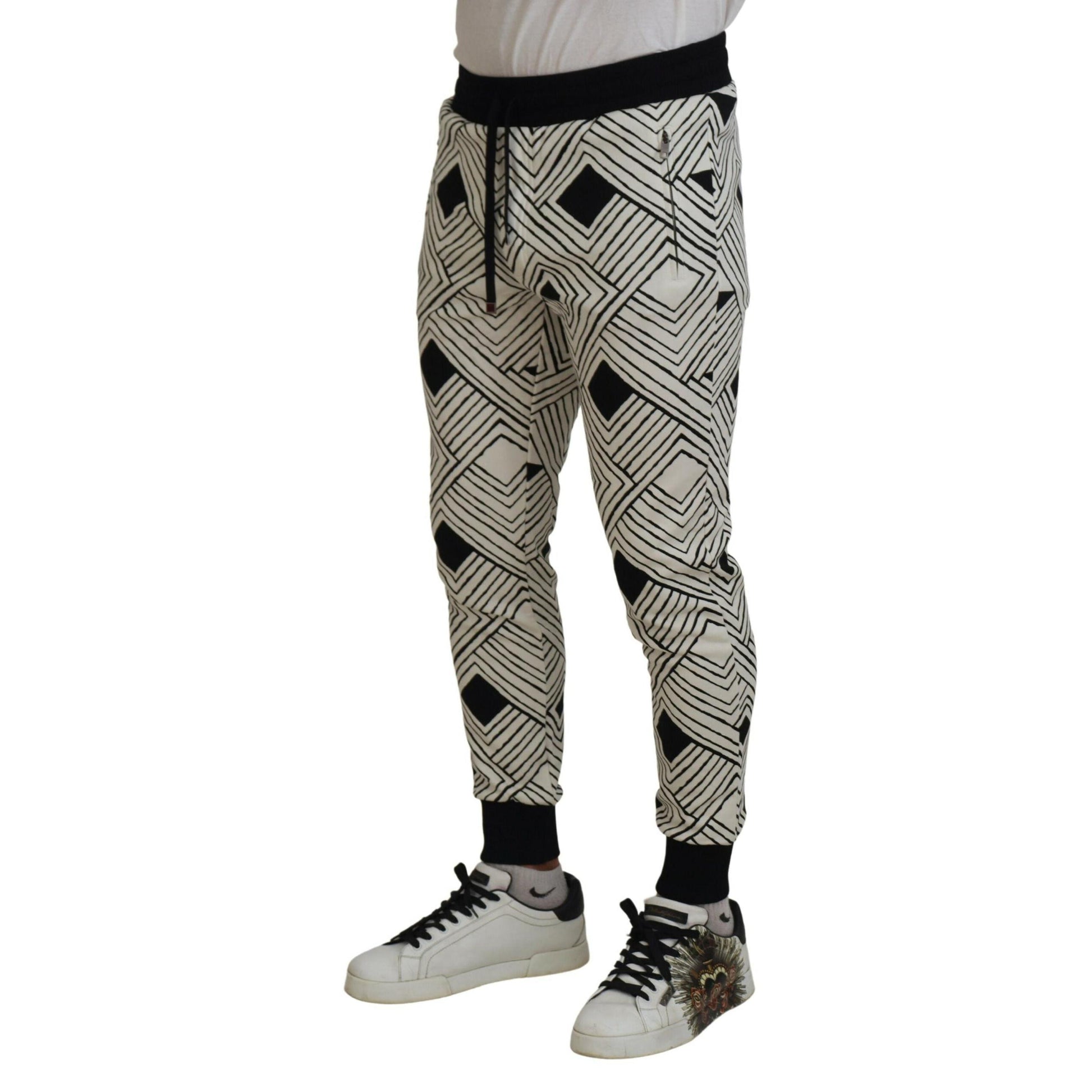 Dolce & Gabbana Black White Cotton Trousers Sport Pants
