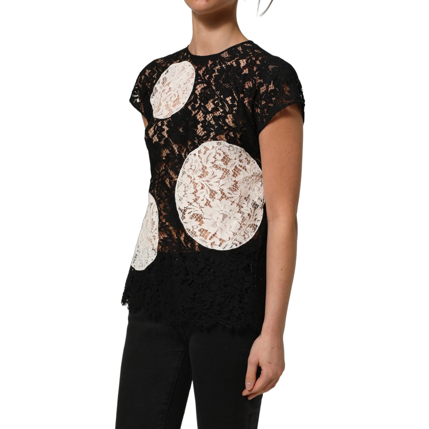 Dolce & Gabbana Black White Floral Lace Short Sleeve Blouse Top