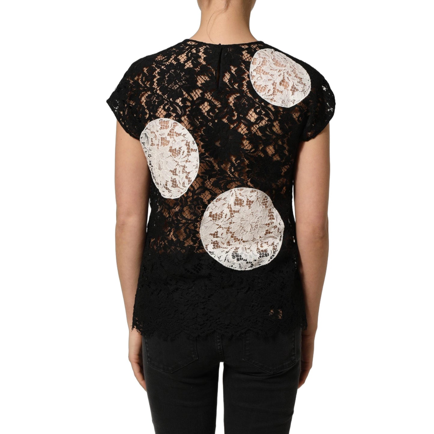 Dolce & Gabbana Black White Floral Lace Short Sleeve Blouse Top