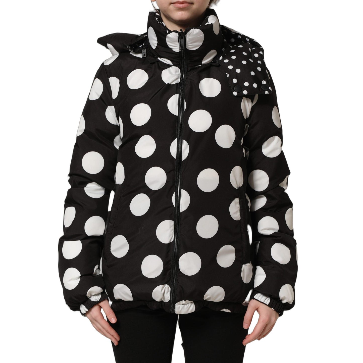 Dolce & Gabbana Black White Polka Dot Hooded Blouson Jacket