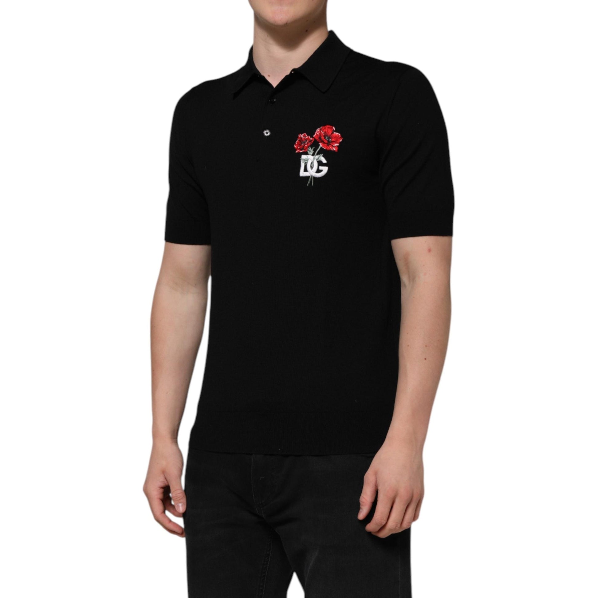 Dolce & Gabbana Black Wool Logo Floral Short Sleeve T-shirt