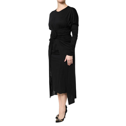 Dolce & Gabbana Black Wool Long Sleeves Sheath Midi Dress