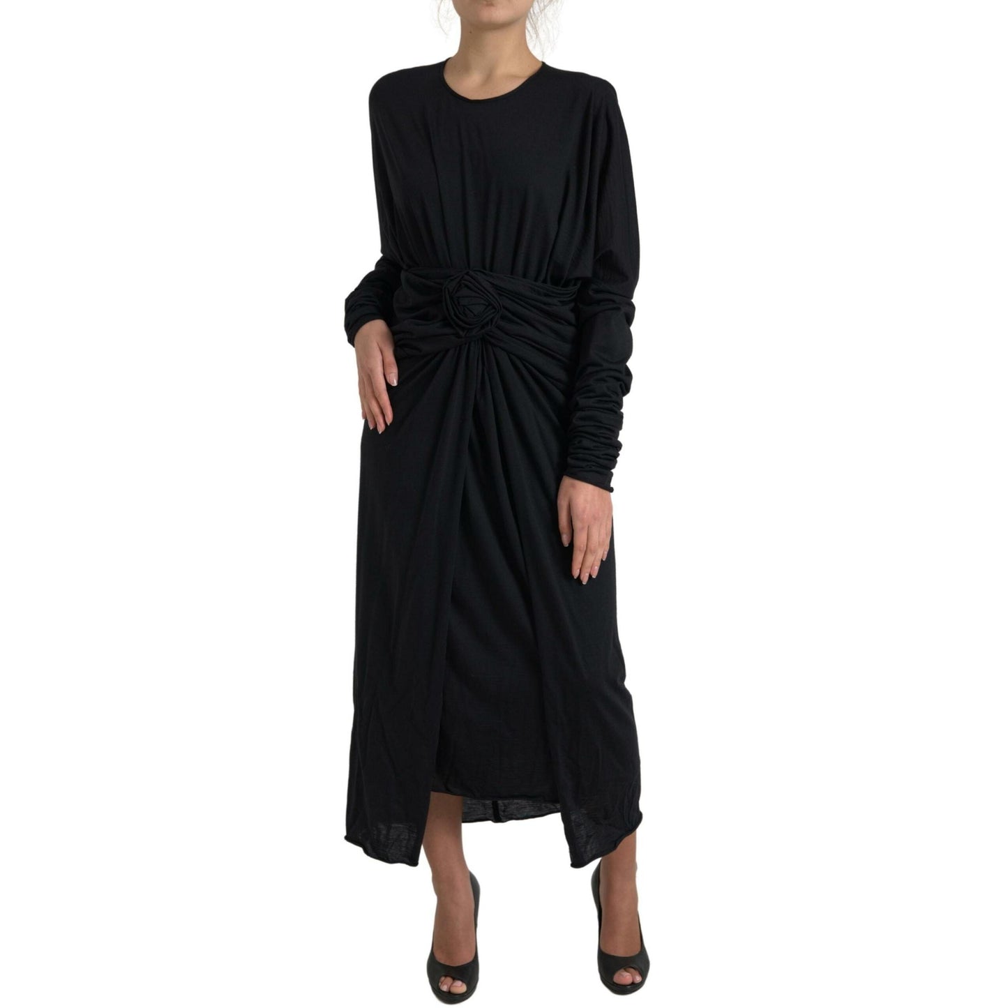 Dolce & Gabbana Black Wool Wrap Sheath Midi Gown Dress