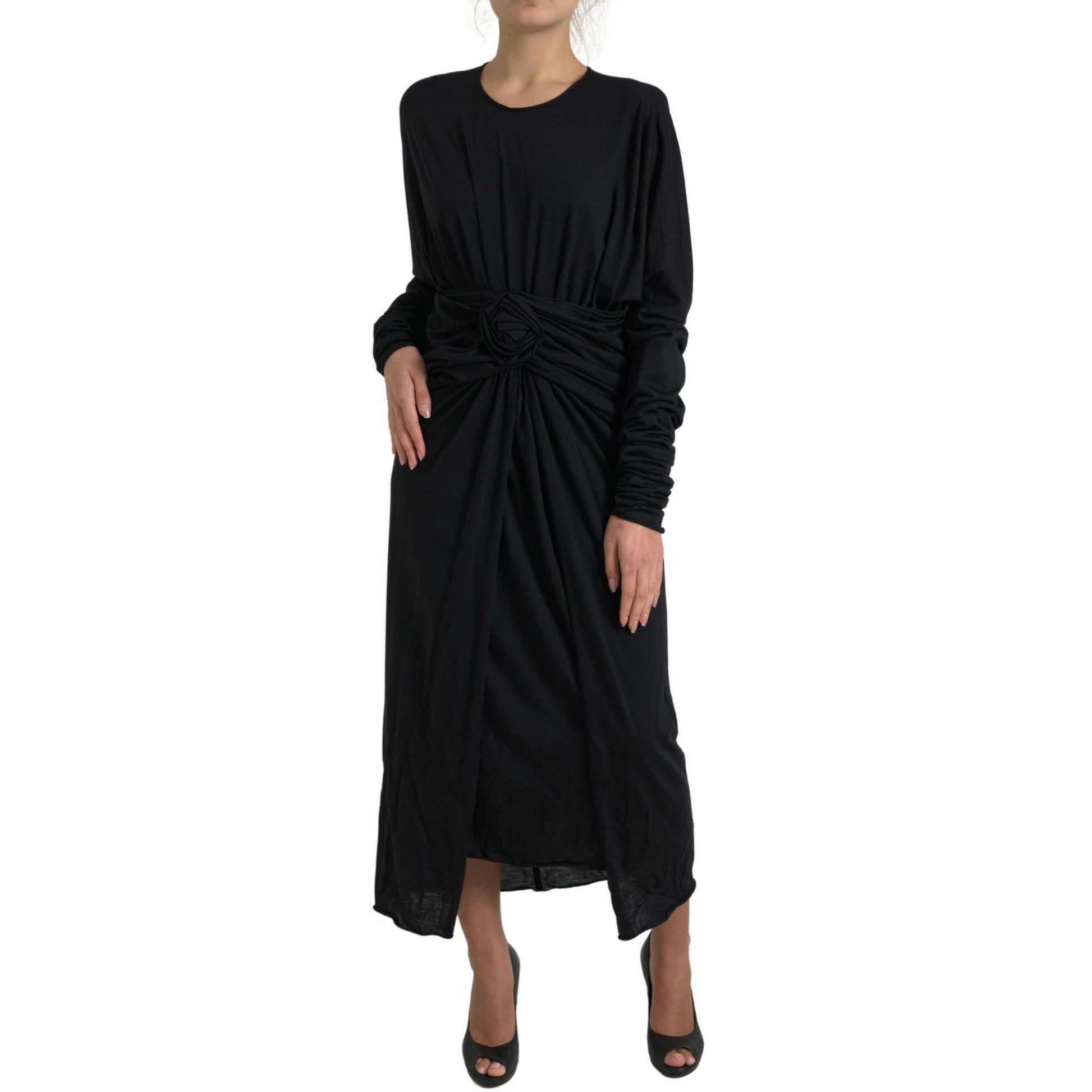 Dolce & Gabbana Black Wool Wrap Sheath Midi Gown Dress